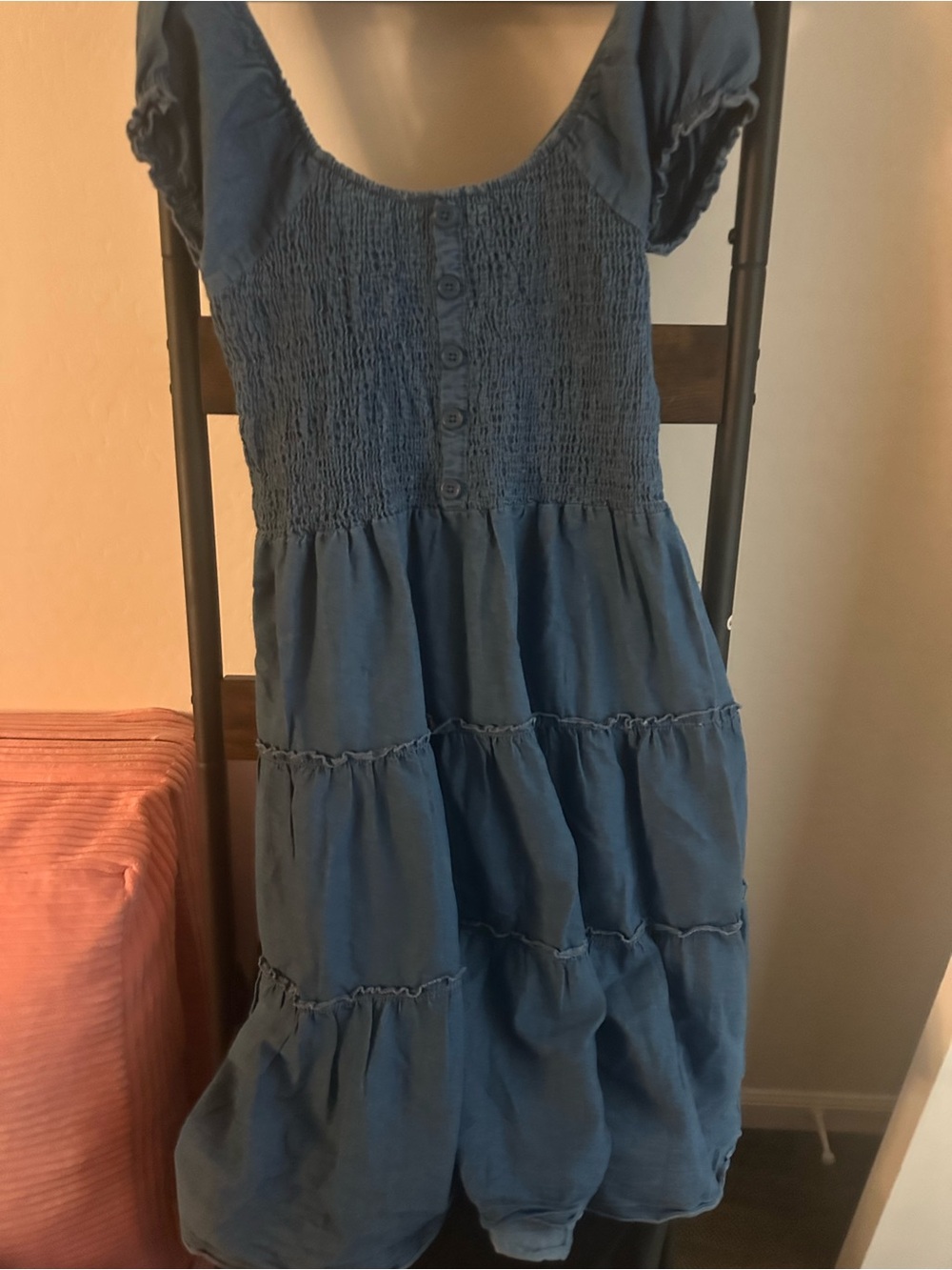 Chesley Blue Smocked Tiered Puff-Sleeve Dress size M